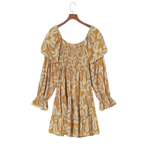 Yellow Sunny Bohemian Bliss: Paisley Long Sleeve Floral Dress size Large NWOT - Picture 7 of 14